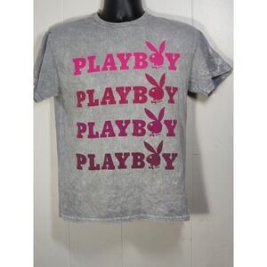 Playboy Graphic T Shirt Acid Wash Gray Pink Bunny Logo Casual Tee M 90's y2k